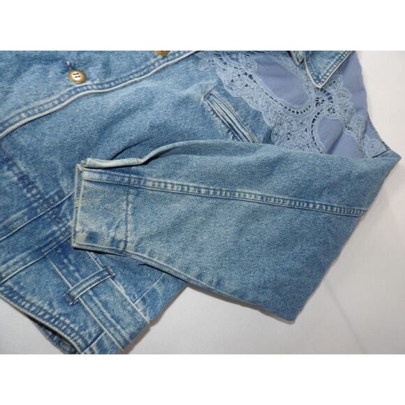Vtg 90s Together Jean Jacket Sz Large Denim Eyelet Crochet Buttons READ - Picture 15 of 16